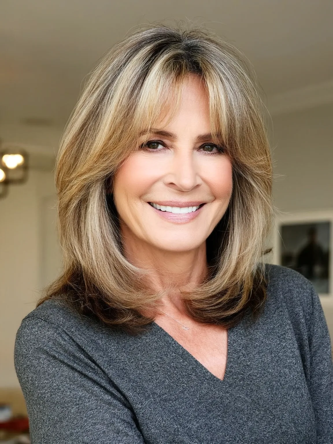 Shoulder-Length Feathered Layers in Sandy Blonde Lowlights